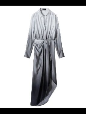 Mango Selection Satin Long Sleeve Gray Shirt Dress with Waist Tie